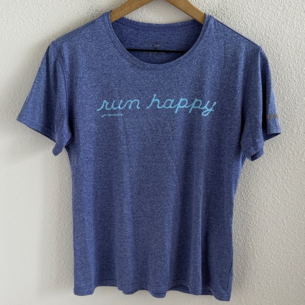 Brooks Run Happy Heathered Blue Activewear Top Tee T-Shirt Medium